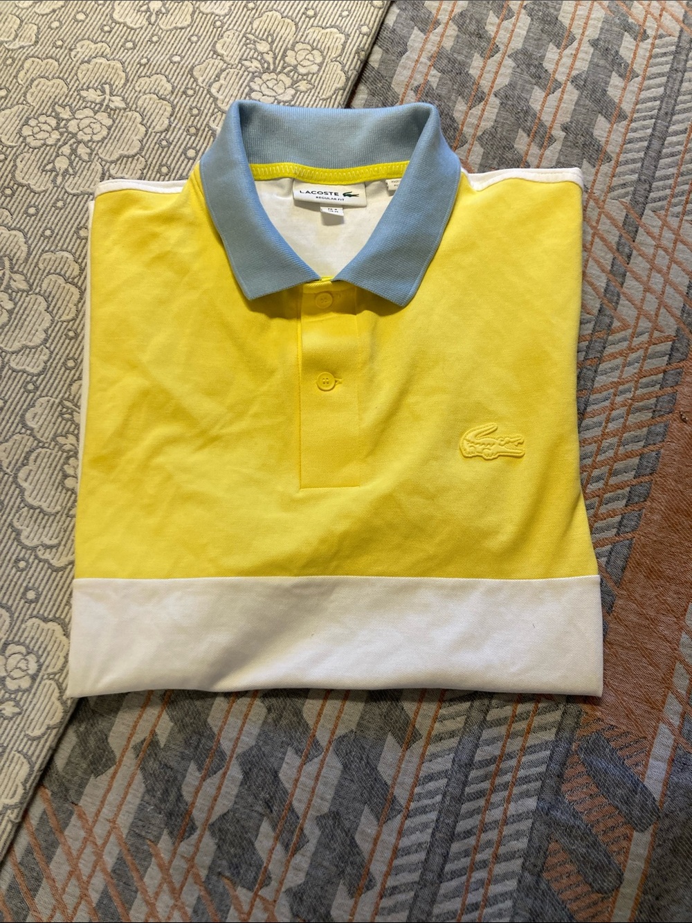 Lacoste Yellow Polo with Light Blue Collar and White Hem